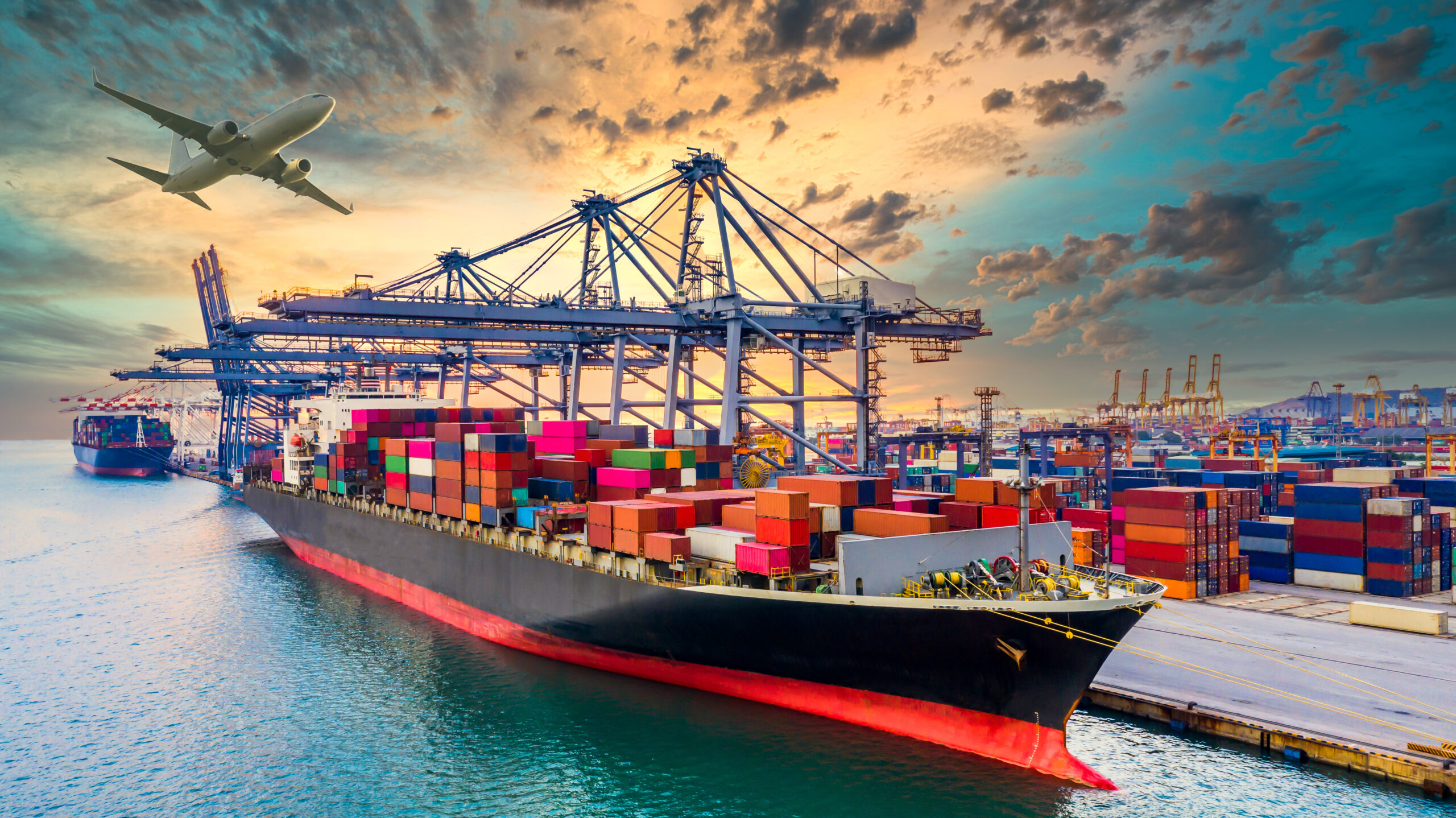Container cargo ship, Global business import export commerce trade logistic and transportation worldwide by container cargo ship boat in the open sea, Freight shipping maritime vessel.