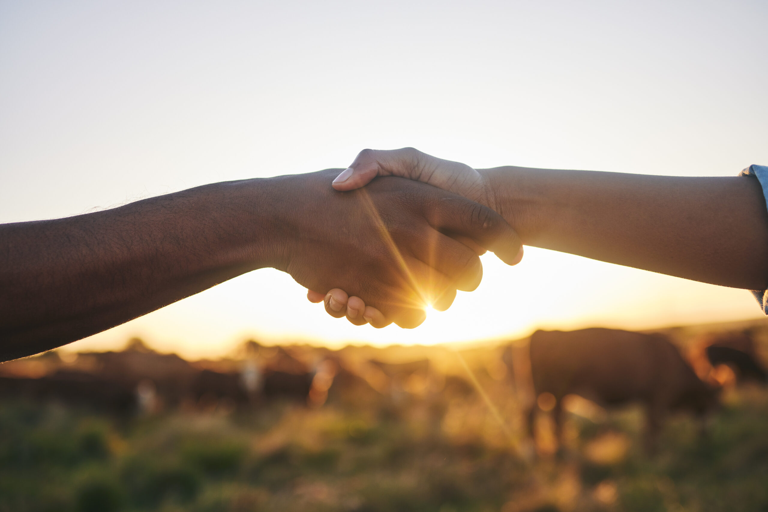 Welcome, handshake and people with b2b farm deal for agriculture, partnership or small business support. Thank you, shaking hands and farming collaboration for supply chain, trust and agro startup.